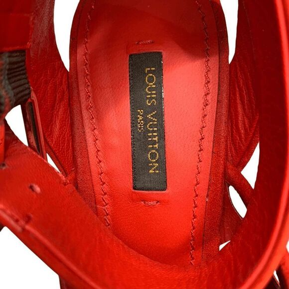 Louis Vuitton Ankle Wrap Espadrille Lasercut Logo Wedge Suede Sandals EU 37 US 7 - Picture 7 of 8